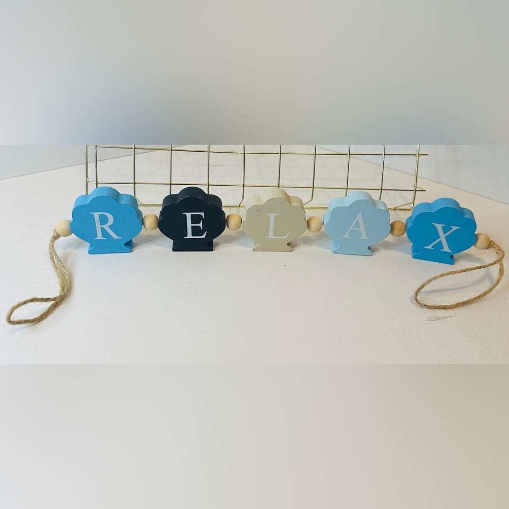 Beach Themed RELAX Wooden Shell Shaped Garland Decor in Blues and Neutral Tones